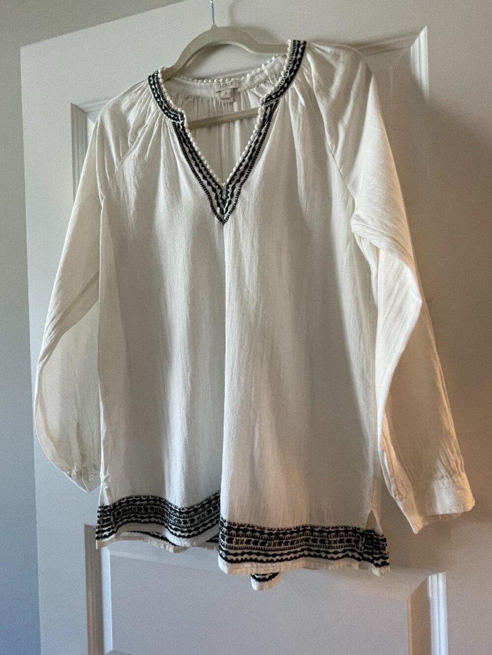 J.Crew Embroidered Cotton Long Sleeve Peasant Tunic Blouse White Black S